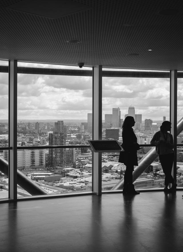 group of individuals overlooking city