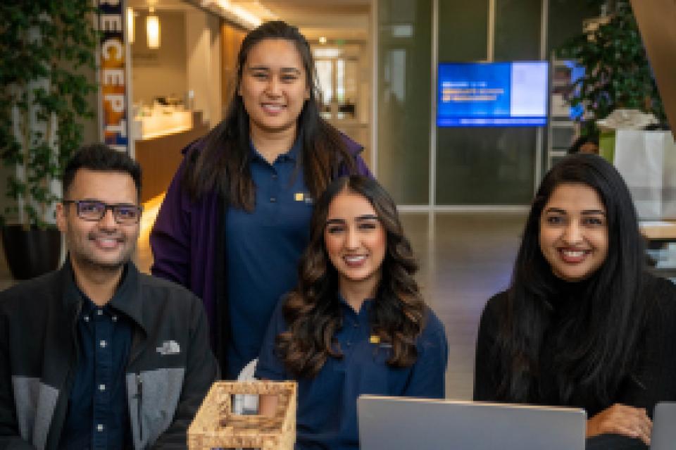 Simrun Bhandal,Yash Asthana, Dekyi Lkamo, and Varsha Velamanchi in Gallagher Hall lobby