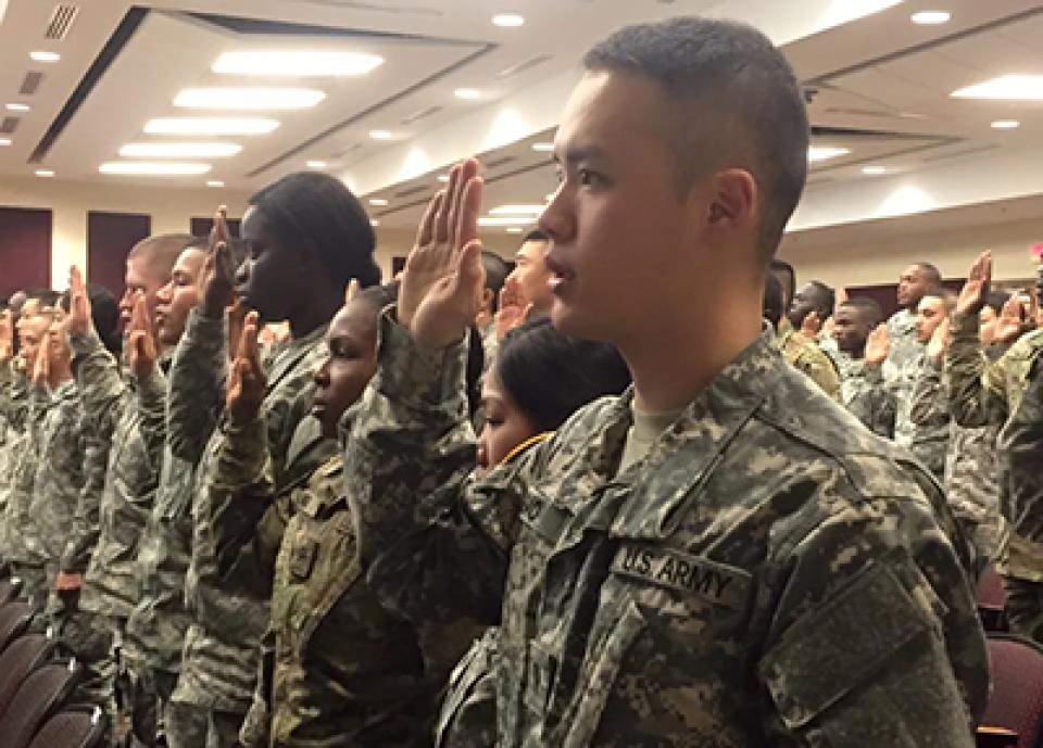 William Gao taking U.S. citizen oath at Fort Lee, Virginia