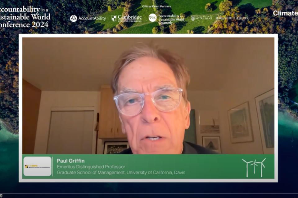 Paul Griffin, Emeritus Distinguished Professor at the Graduate School of Management, University of California, Davis, speaking at the Accountability in a Sustainable World Conference 2024. The video frame includes event branding and partner logos, such as Accountability, Cambridge University Press, and the Mendoza College of Business.